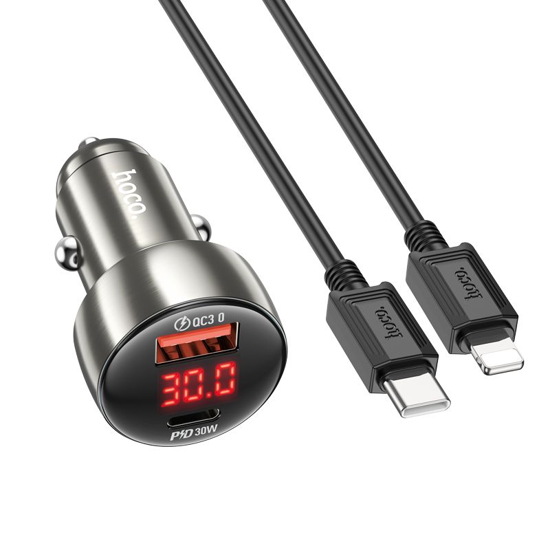Hoco Z50 car charger USB A + Type C with digital display + cable Type C to Lightning PD QC3.0 3A 48W metal grey