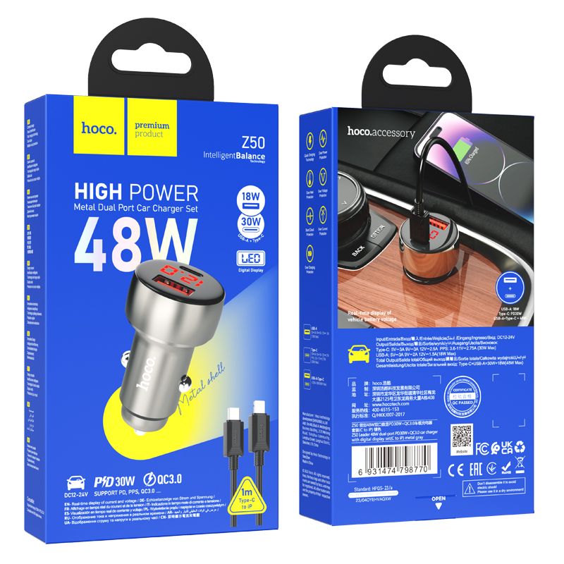 Hoco Z50 car charger USB A + Type C with digital display + cable Type C to Lightning PD QC3.0 3A 48W metal grey - Image 2