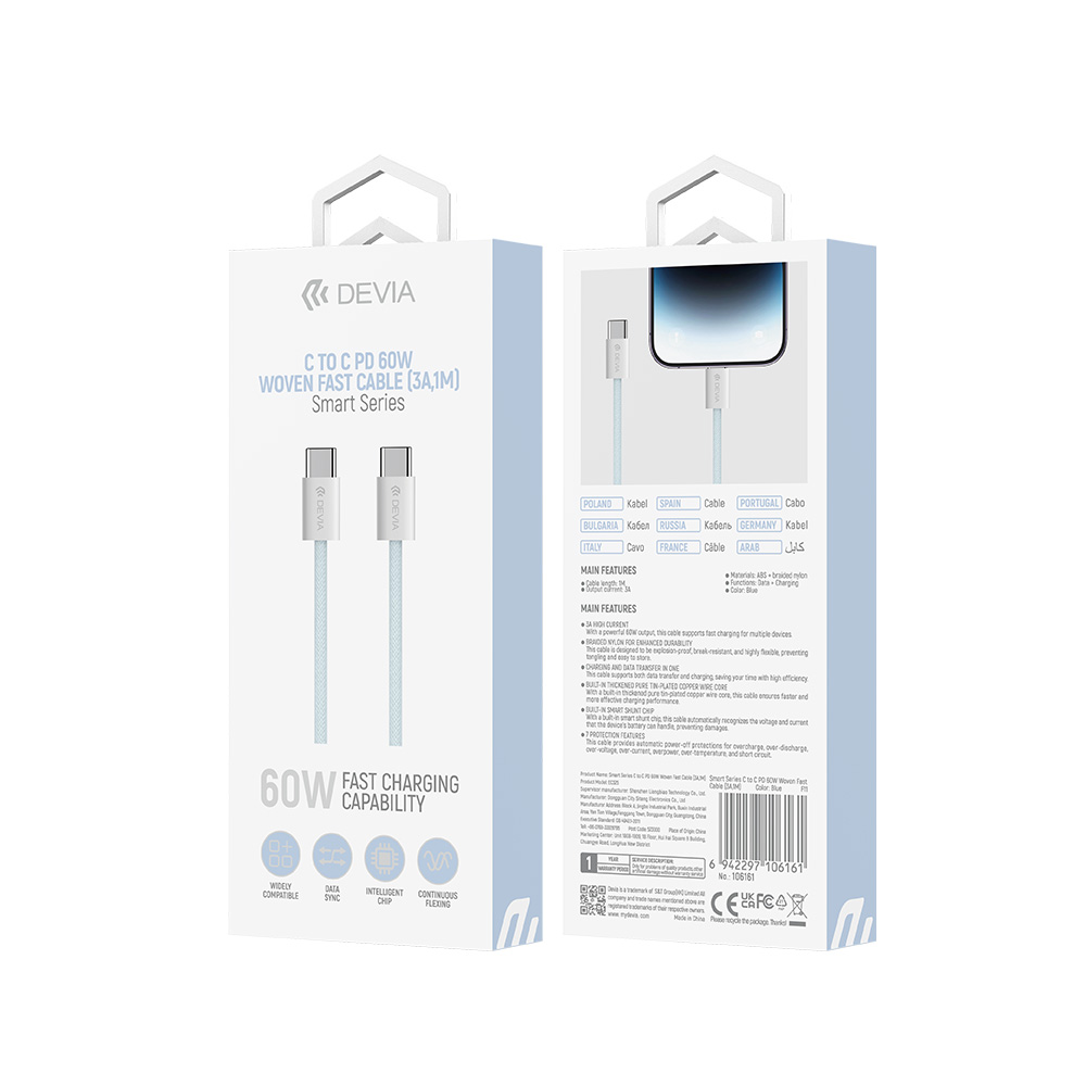 Devia cable Smart EC325 PD USB-C - USB-C 1,0 m 60W 3A blue - Image 2