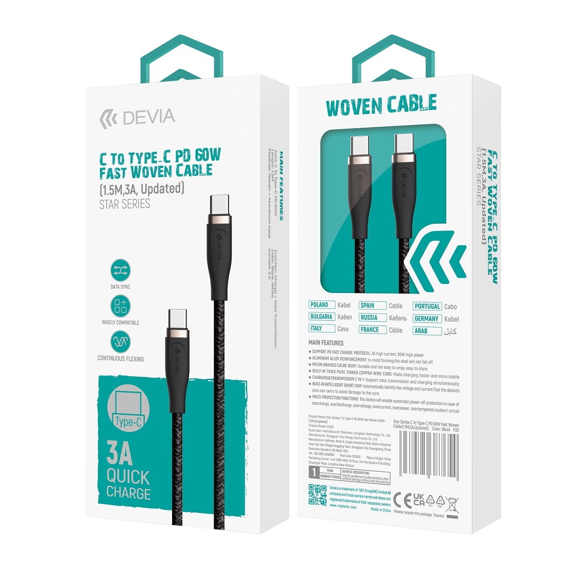 Devia cable Star EC320 PD USB-C - USB-C 1,5 m 60W 3A white - Image 2