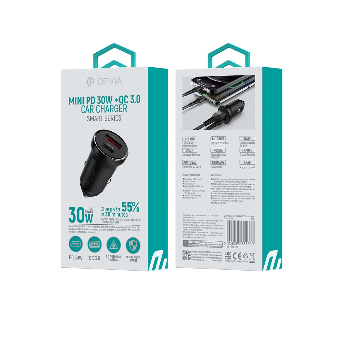 Devia car charger Smart Mini PD QC 3.0 30W 1x USB-C 1x USB black - Image 2