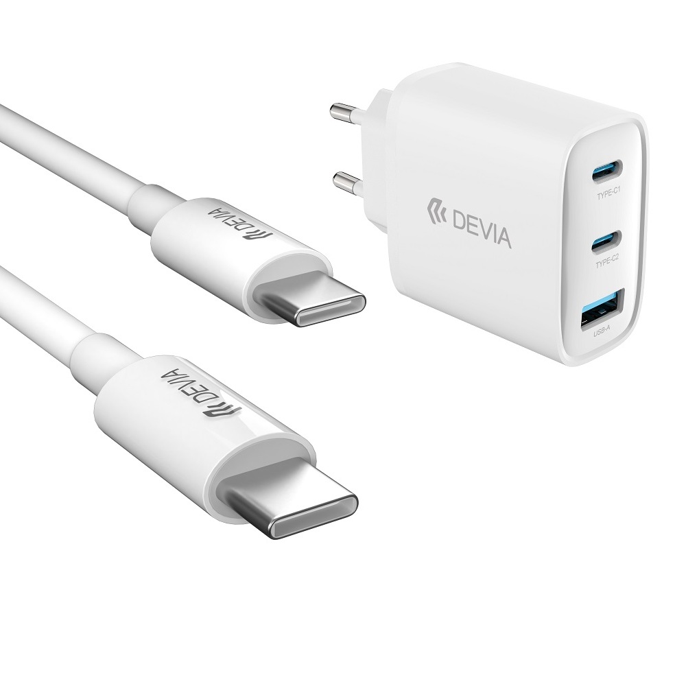 Devia wall charger Extreme PD GaN 65W 2x USB-C 1x USB white + cable USB-C - USB-C laptop charger